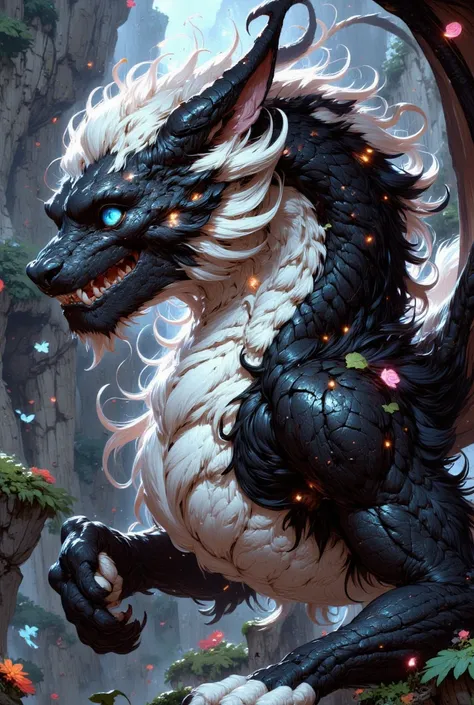 combines the characteristics of a cat and dragon. gaint, It has a connection with the three elements of earth, air and fire. fantasy setting, 8k, uhd, masterpiece, detailed. Black fur with white parts on head, neck and paws. Fluffy, long fur