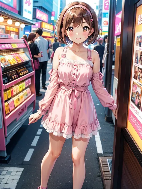 4K quality,cute,
brown eyes,Brown Hair,
30-year-old woman,1 person,small breasts,
pink blouse with open shoulders and lace,
black lace mini skirt,
pink hairband,
landmine fashion,
smile,short hair,Blurry Background,
Akihabara cityscape,