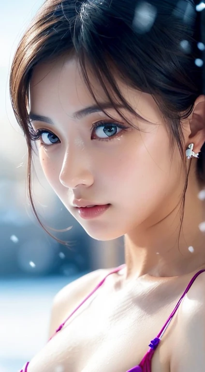  1 girl, ( stressless micro bikini :1.5), ( staring at the camera)、 beautiful Japanese actress , (( small,  flat chest:1.5))、Photogenic, (( face close-up :1.5))、Snow Princess,  has long eyelashes,  snowflake earrings , stressless micro bikini 、 ( RAW photo...