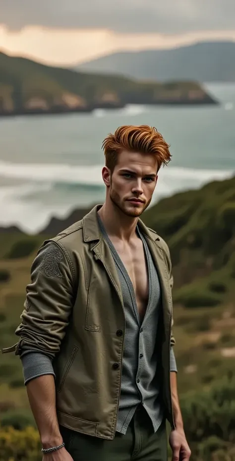 Hyper-realistic style training based on the provided image. Focus on warm, golden lighting, natural freckles, and youthful yet confident expressions. Preserve the fiery red hair, short and neat, with a hipster-style beard. Emphasize green eyes and a strong...