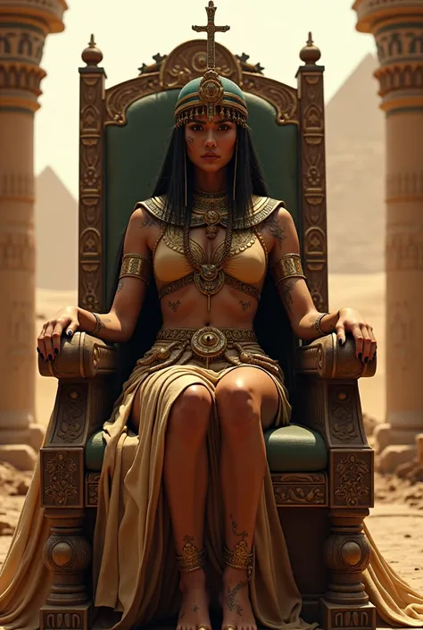  a beautiful Egyptian goddess at an angle with her in the front pose,  sitting on a throne , wearing pharaoh clothes and Pharaoh , with tattoos and piercings,  hat from ancient Egypt with a cross crossed in the back in Egyptian scenery , The all-seeing eye...