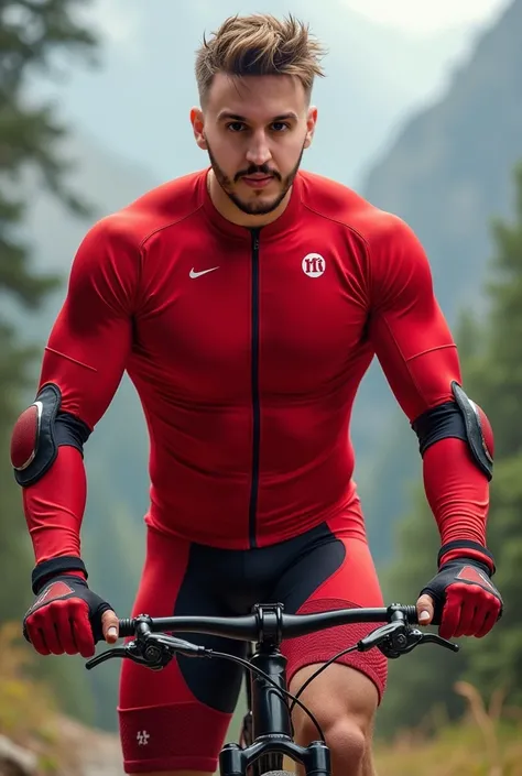 White strong man with the face details in the reference picture wearing a red downhill bike 