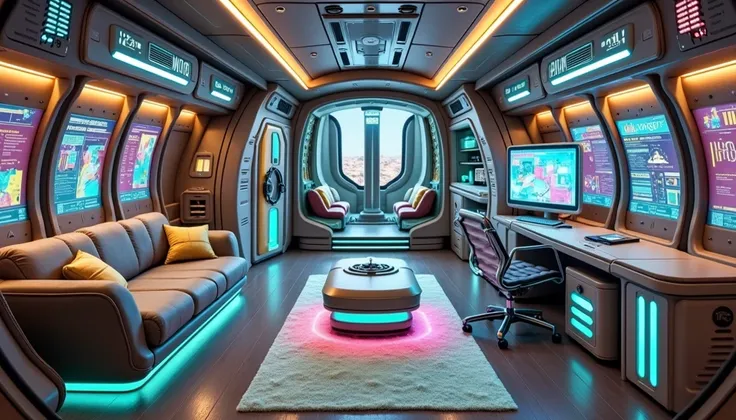 luxurious futuristic submarine interior, colorful hologram interface, shower, bed, sofa, television, shelf, printer, desk, chair, bunker door, steering wheel