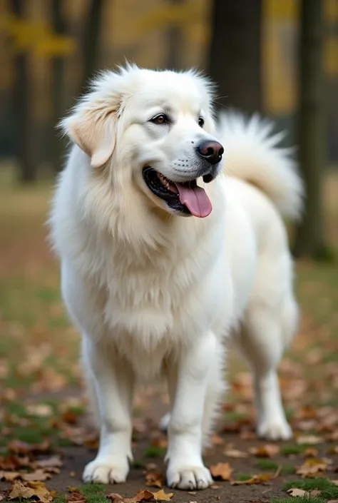 A dog of the Great Pyrenees breed with droopy white and furry ears in a park with trees