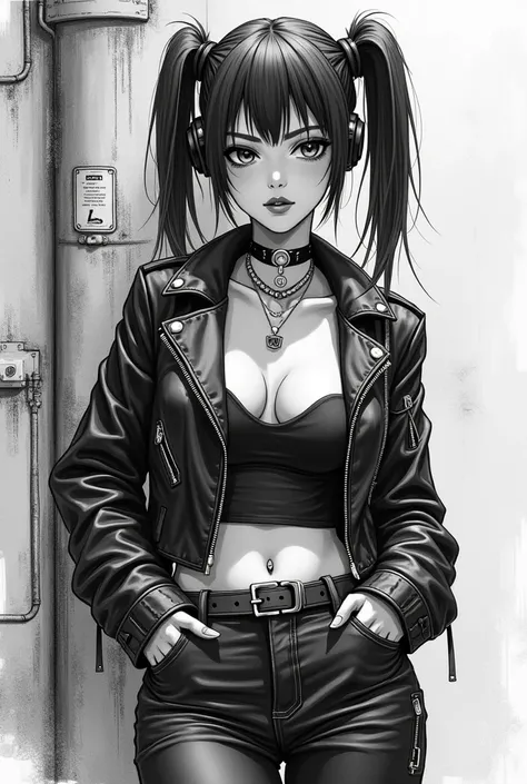 anime girl, sailor moon, old school anime, sexy, cyberpunk, ghost in the shell like, only black and white, very detailed,  like ink pencil, with many traces, full body, sexy girl, leather jacket,  piercings, tattoes, in an industrial enviroment