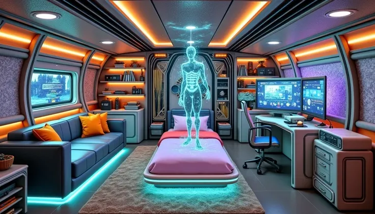 luxurious futuristic submarine interior, colorful hologram interface, shower, bedroom, sofa, television, shelf, printer, desk, chair, bunker door, steering wheel