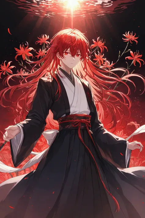 Illustration, top quality, pixiv illustration, very detailed animation, ((alone), (male), red hair with black highlights, long hair, red eyes, Lycoris radiata background, black hanbok, fantastic lighting