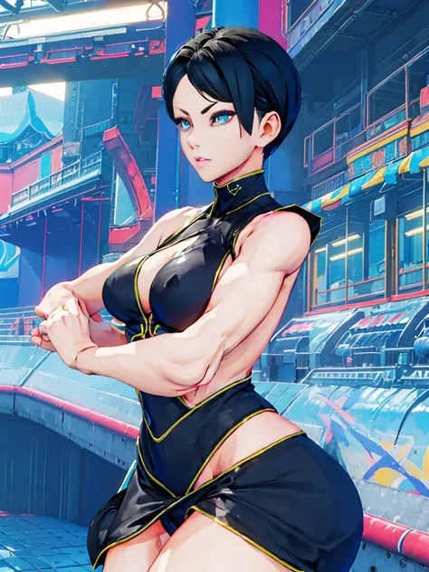 1 Girl with short black hair, blue eyes, perfect face, detailed and beautiful body, she is in an amusement park alone, ((perfect body)), ((work of art)), ((best quality))