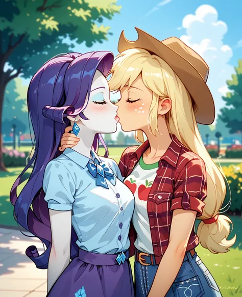  Rarity and AppleJack from mlp Equestria Girls, dressed , kissing in the park . 2 women. 