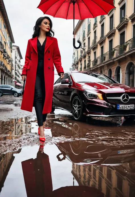 editorial style photo, low angle camera shot, black Mercedes CLA 250, beside a beautiful model dressed with a red coat, wearing high heels sandals while holding a red umbrella, Milan street city center, curated puddle of mud reflection, sleek, powerful, lu...