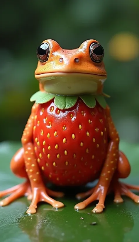 The hybrid creature is a fascinating fusion of a frog and a strawberry. The entire body of the frog, from its round face to its webbed feet, is transformed into the shape of a strawberry. The frogs body is now smooth and red, with tiny yellow seeds coverin...