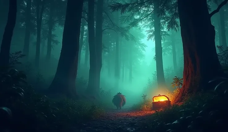 "An eye-catching YouTube thumbnail for a Hindi story titled Rahasyamayi Jungle (Mysterious Jungle). The image features a dense, dark forest with towering trees, glowing fog, and eerie lighting. A faint silhouette of a mysterious creature is seen in the sha...