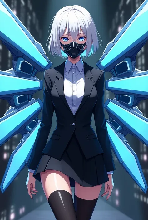 A serious anime girl with short white hair and a tuxedo shirt and a tie and with a short black miniskirt and black thigh-high stockings and with 8 robotic futuristic blue wings and a mask that covers her futuristic eyes and nose. 