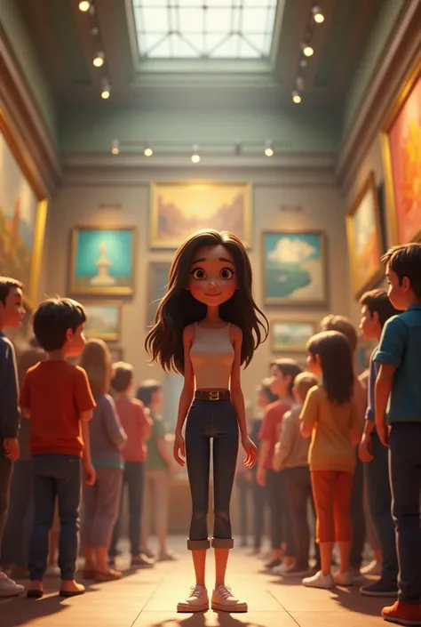 In cinematic 3d cartoon images of this story "The same girl, now grown up and successful, standing proudly in an art gallery filled with her masterpieces, surrounded by admirers."