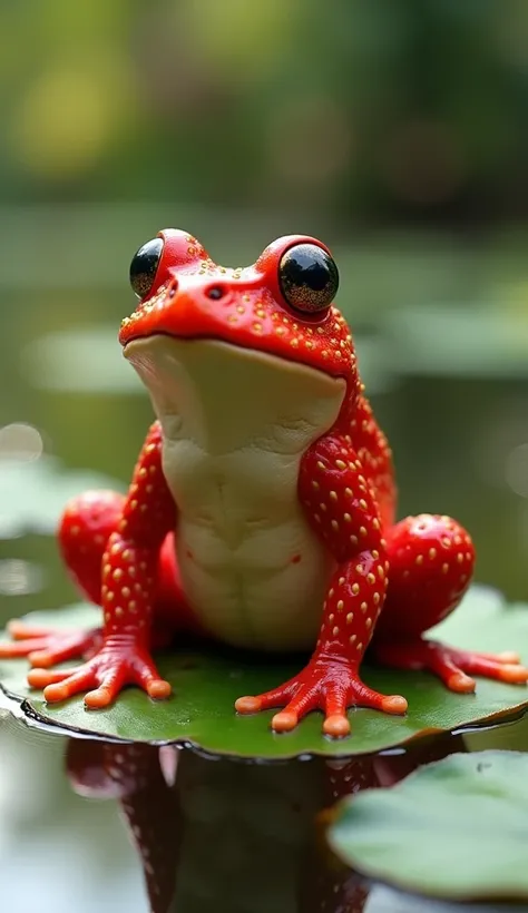 "Create a hybrid of a frog and a strawberry. The entire body of the frog should be made entirely of red strawberry skin, covered in tiny yellow seeds. Its legs and feet should remain frog-like but have the strawberry texture. The eyes should be large and b...