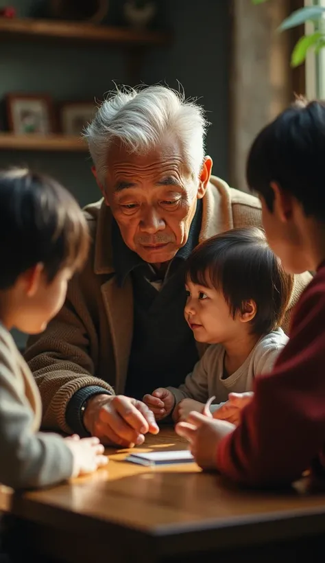 A warm scene of Tsutomu Yamaguchi, much older, sitting with his grandchildren. His face carries wisdom and scars, and he’s telling them his story as they listen intently."