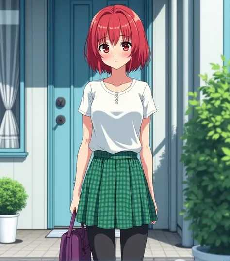  A 17-year-old anime lady , anime To love ru,  soft lighting ,  Standing outside a light blue house with white flower pots and curtains in the city of Shibuya in Tokyo during the day , she measures 1,68 CM tall, its measurements: Bust 60 , Waist 33 ,  Hips...