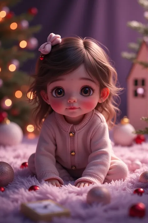  A Christmas background with purple colors and a beautiful baby girl, Sitting with the name Gisell  