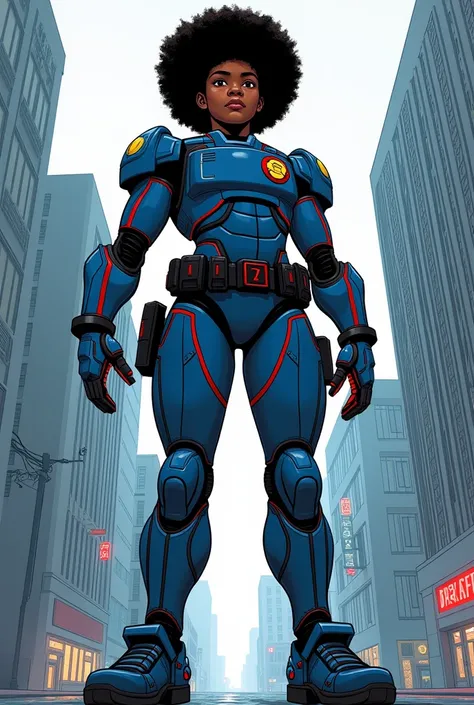  A tall Afro-descendant adolescent human-robot cop , with main color blue ,  with red details and some parts of the arms and legs black. Do it in the style of Comics Stories  