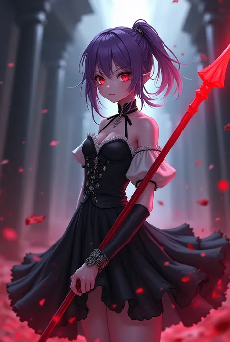 Demon girl with short violet hair with a ponytail, white skin and red eyes, black and white gothic dress, holding a red legendary spear, anime.