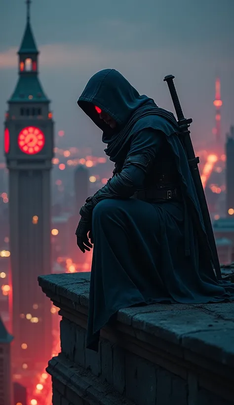 a closeup of fantastical image of an assassin, darkness of night fall, clad in flowing, flowing scarf, sword carried behind the body, squatting on top of the building at the end of the clock tower like an assassin, sitting squatting pose, hands touch the g...