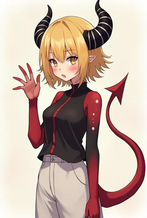  an ordinary imp girl 185cm tall red with a small spot on her chin and lips .  One hand with a white spot almost all over her arm .  Black horns with thin white stripes .  Totally yellow eyes with black circles . Long red tail .  Short hair light yellow ha...