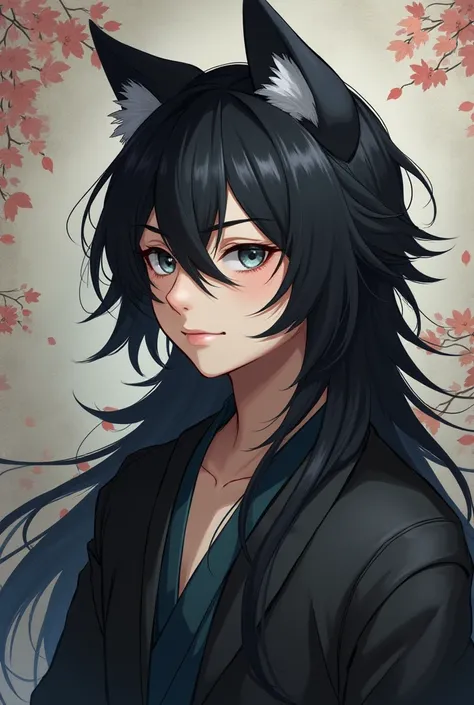 Historian, Japanese, attractive, anime, olden Japan, well kept long black hair, slightly muscular, grey eyes, male, very pretty, slick wolf cut, mappa art style, grey eyes, tall, middle class, 21 years old, timid