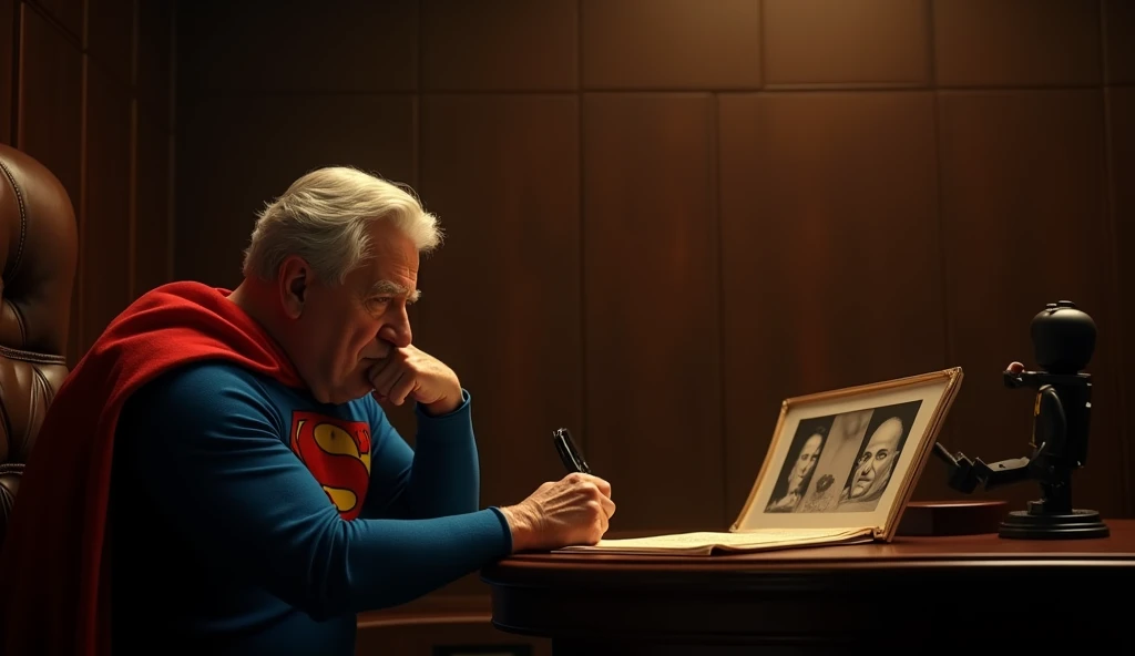 Superman and Batman in legoSubject: An older judge sits alone in a dimly lit chamber. Context and Action: Judge Hayes removes his glasses and gazes at an old photograph of his late wife, deep in thought. Emotion: Reflective, sorrowful, and quietly vulnerab...