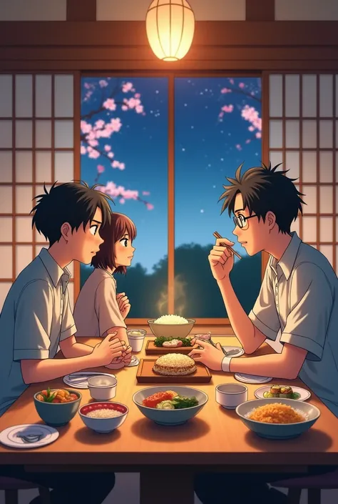 An anime-style illustration portraying a family dinner scene in a warm and inviting setting, fully reflecting the intricate emotional dynamics of a typical anime storyline. The composition focuses on three characters: a father, an 18-year-old son, and a mo...