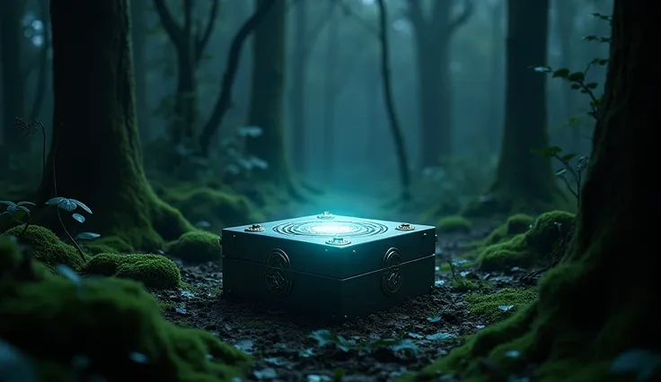 A shiny box in a dark forest