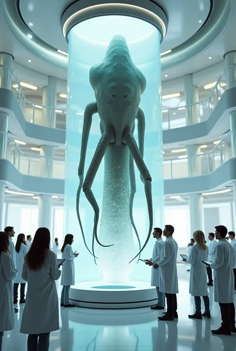 A massive alien-like creature, unique and never-before-seen, suspended inside a giant transparent scientific tube measuring approximately 3 meters wide and 15 meters tall. The tube is located in an advanced, pristine white laboratory filled with sophistica...