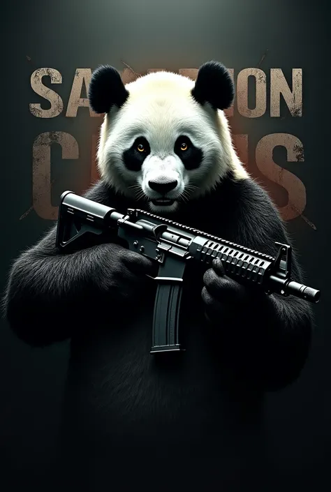 Create a logo that says Sienovy and in the background put a panda holding a rifle with creepy letters