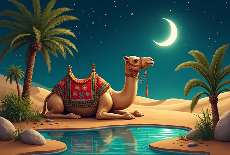 A detailed and symbolic depiction of a majestic camel resting in a serene desert oasis under a glowing crescent moon. The camel is adorned with vibrant, intricate saddles and ornamental tassels, reflecting Islamic cultural artistry. Around the camel are pa...