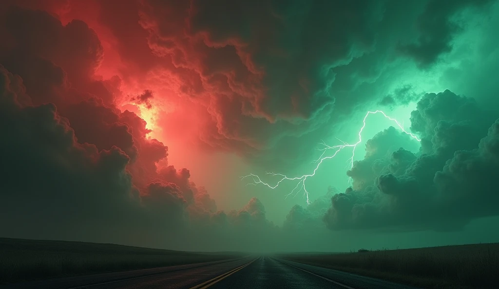 An thunderstorm sky
Partially red and green colour 