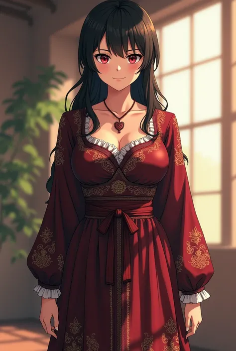 Full body A female anime character age 35, a mother with black and red eyes, wearing old Iceland dress, thicc body 