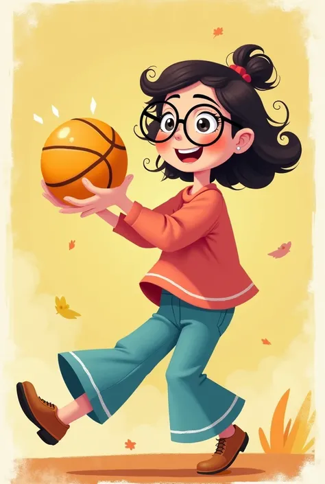 Woman with big round glasses playing ball 