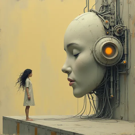 Create a surreal biomechanical scene featuring a  girl with curly long hair figure standing on a mechanical platform with cables connecting to their head. The figure should have a sleek, organic design, contrasting with a massive robotic face on the right,...