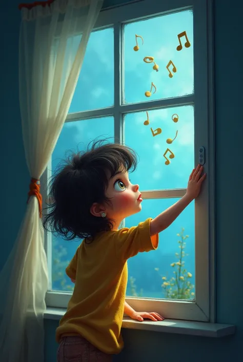  Create an animated image to draw from the following text . Lucía, a girl with big eyes of curiosity, attached to the window .  You can see musical notes floating gently in the air,  as if the storm itself were singing . The wind blows,  but the song seems...