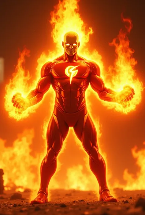 Generate a hyper-realistic image of Heatblast from Ben 10, showcasing him in a dynamic pose with flames and heat energy emanating from his body. The image should capture incredible detail, with realistic lighting, textures, and an intense fiery aura surrou...