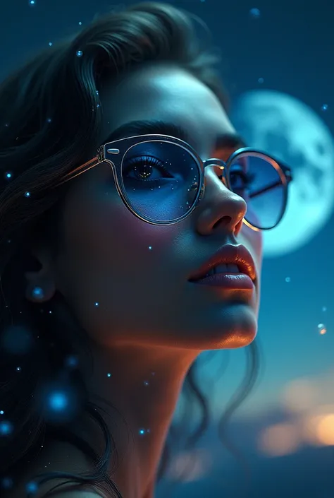  The model wears glass sunglasses,  lighting that depicts stars and the moon