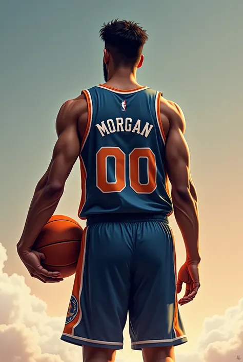 Basketball player wearing jersey with name Morgan and number 00 while holding a basketball (back view) while standing  in a2 size and very clear 