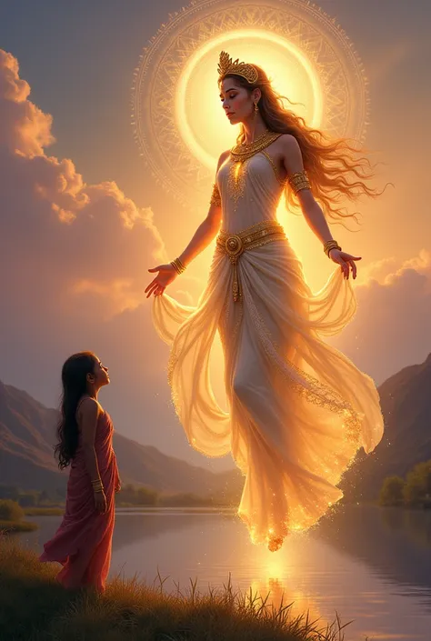 "Create a highly detailed, professional-quality artwork of a young  meeting Goddess Devi Sandhya. The scene takes place at twilight, with soft golden and purple hues in the sky as the goddess descends from the heavens. Devi Sandhya is depicted as graceful,...