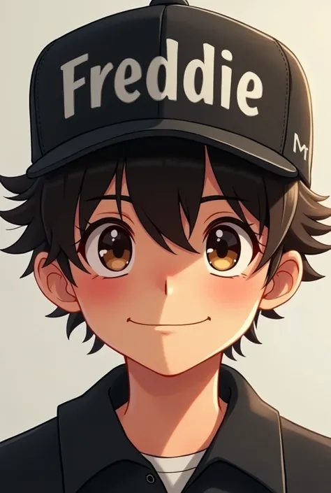 15-year-old male :  has a black cap that says Freddie , polera negra,  brown eyes,  happy but animated and his mouth shut, That he is staring intently at you 