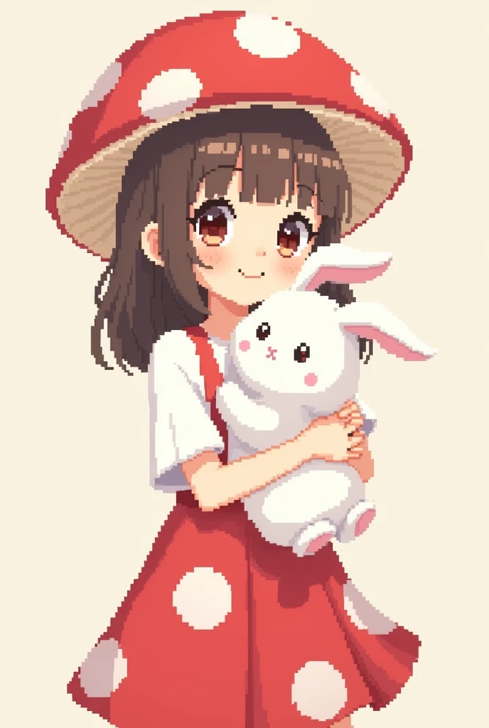 Create a cute female character wearing a red mushroom hat and white shirt as well as a red skirt with large white polka dots and holding a cute bunny in pixel art anime style 