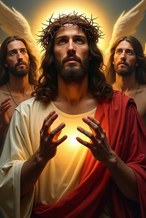 A portrait of Jesus crowned with thorns and looks epic and showing hand gesture surrounded by angels 