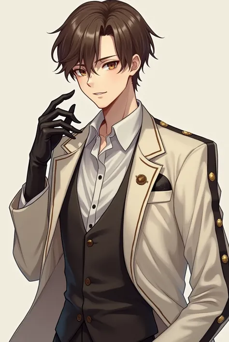 Elegant boy with short brown hair, white skin and brown eyes, his left hand is that of a demon, with elegant clothing with a white and brown sweater with black touches, anime