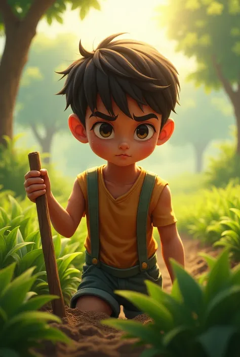 A young boy working hard in a field, with sunlight streaming through the trees and sweat on his brow. His face shows determination and focus, ↓ symboliziny perseverance in the