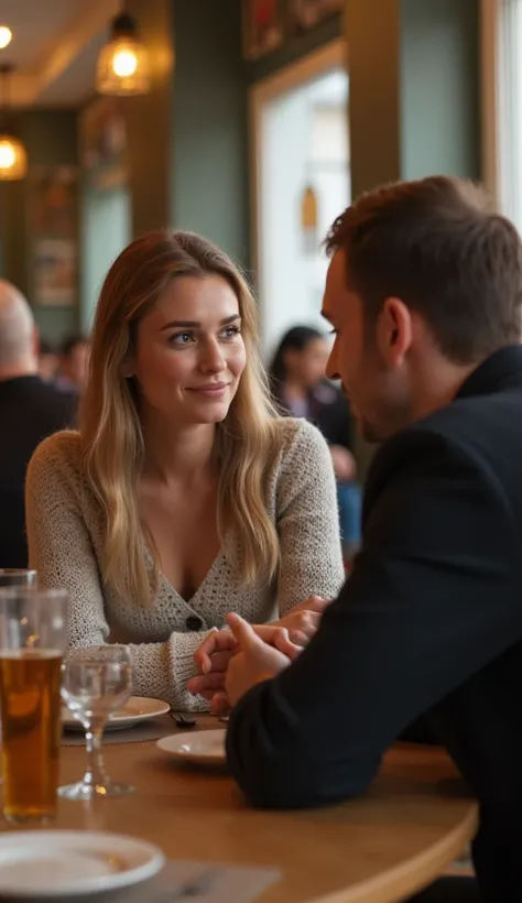 Polish woman talking to man at restaurant table 