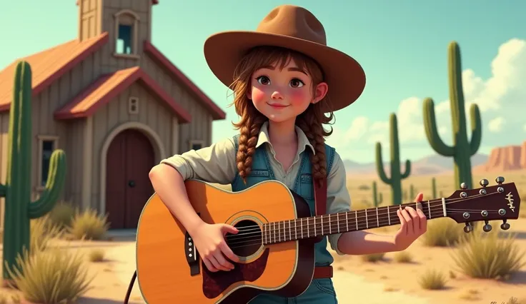 american country girl playing guitar in outside chruch surronded by cactus