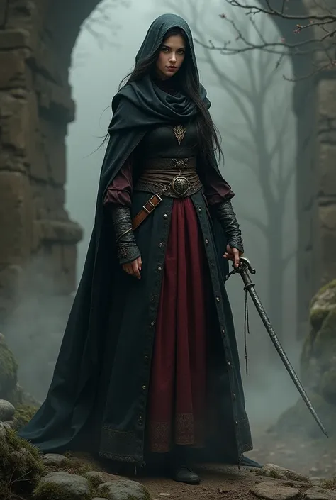 Créer une image pour la description d’un personnage de jeu vidéo style dark fantasy où on voit le corps complet, comme les skins dans league of legends, sekiro, dark souls etc…. : Katalin la Sorcière
• Description: Une mystique vivant en marge de la sociét...